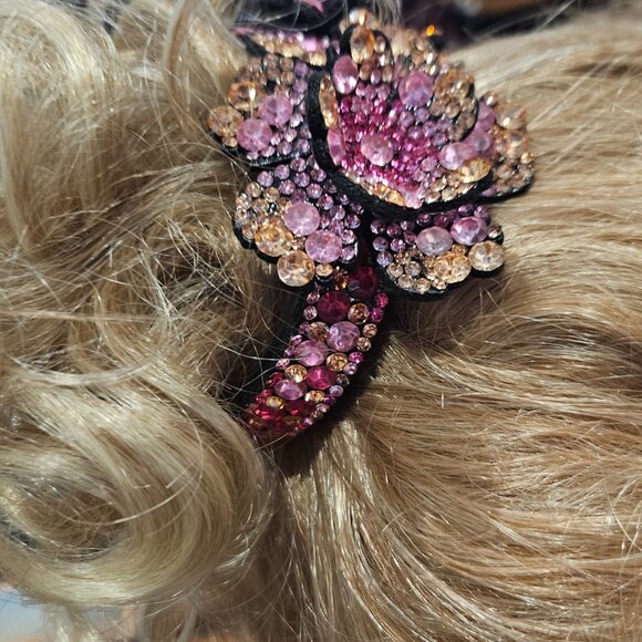 Crystal Flower Ponytail, Bun Claw - Shades of Pink & Gold - 804 Crystals - Picture 9 of 12